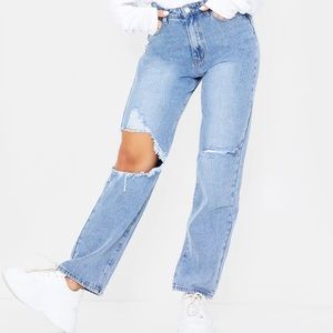 Light Blue Distress Loose Straight Leg Jeans